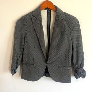 Black and white polka dot women’s blazer with 3/4 ruched sleeves